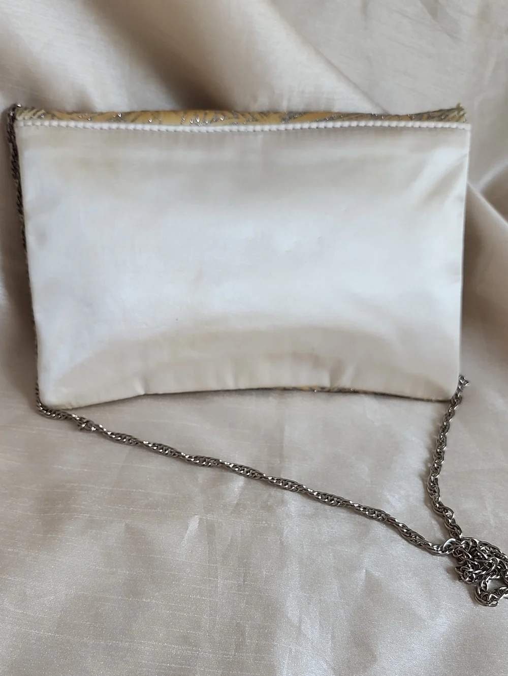 Vintage Ex Cond Cream Satin w/ Pearls & Silver Embellished Shoulder/Clutch, $40
